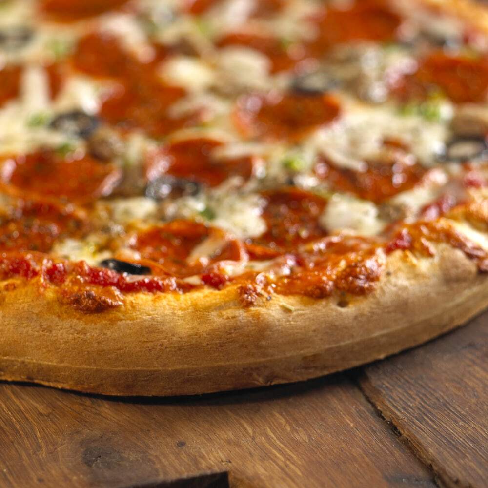 close up of baked pizza